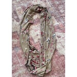 Beige Floral Bird Infinity Scarf with Fringe for Women